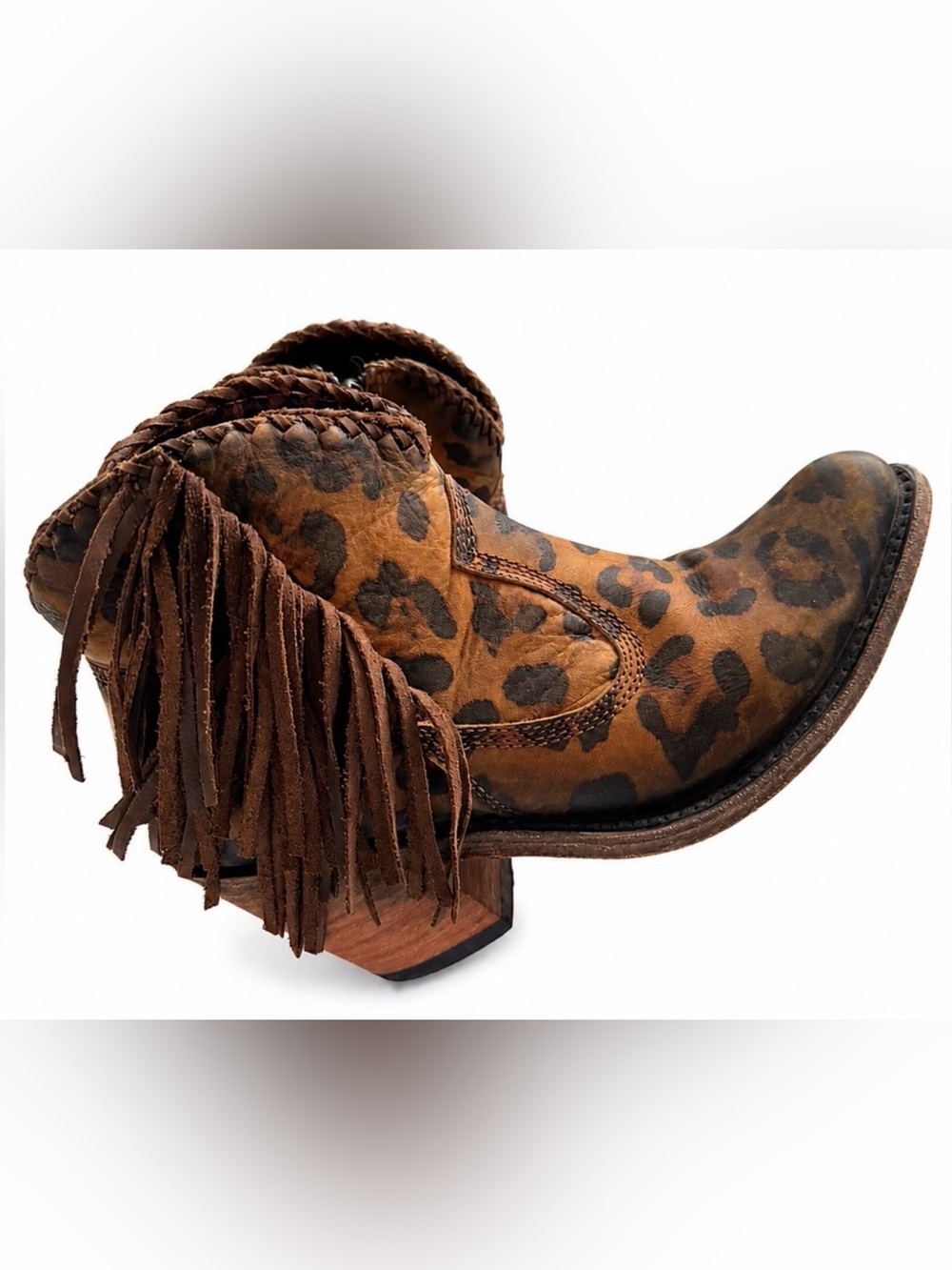 LIBERTY Black Leopard Print Suede Fringe Ankle Booties in Brown